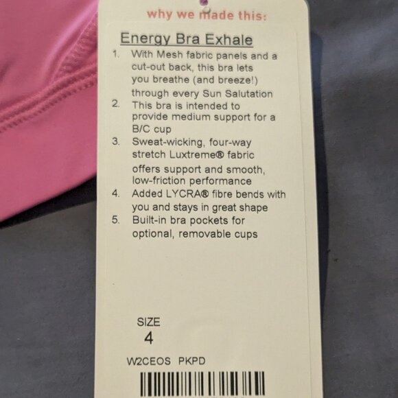 Lululemon Energy Bra Exhale Size 4 Pink Paradise BNWT! - Picture 10 of 11